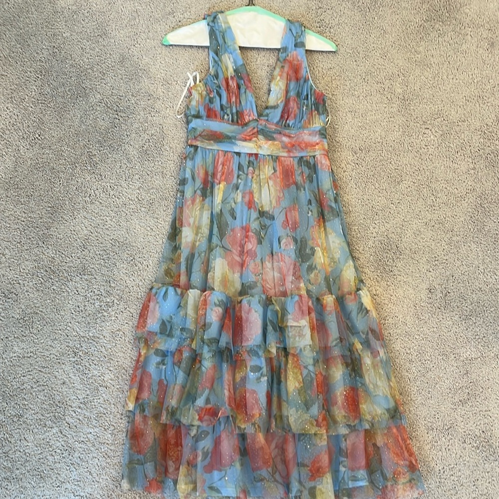 Lulu's Floral Formal Dress in Blue and Orange